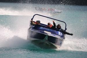 Pictured [L- R] are Alastair Jaspers, Gavin Moffat and Geoff Baker (Driver) enjoying a jet boat slide.